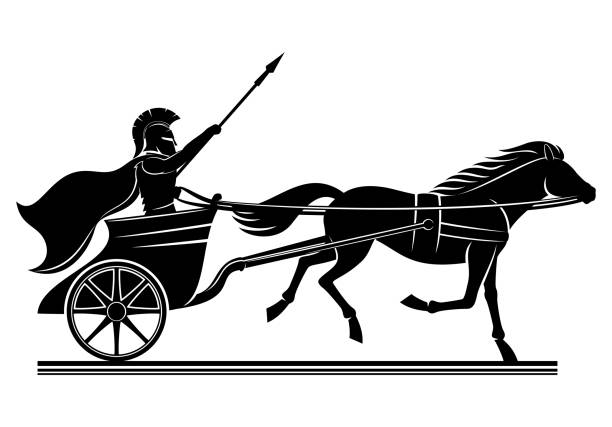 ilustrações, clipart, desenhos animados e ícones de guerreiro com uma lança em um carro de guerra. - chariot
