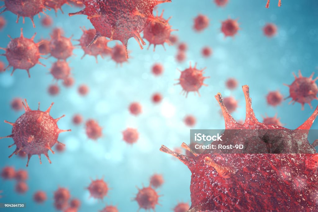 Illustrazione 3d virus patogeni che causano infezione nell'organismo ospite, epidemia di malattia virale, sfondo astratto del virus - Foto stock royalty-free di Virus