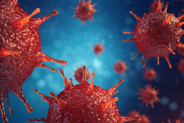 illustrazione 3d virus patogeni che causano infezione nell'organismo ospite, epidemia di malattia virale, sfondo astratto del virus - influenza a virus foto e immagini stock