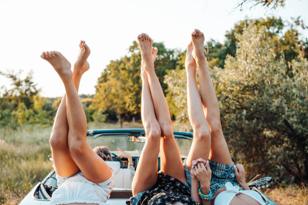 Three girls are lying on the trunk stock photo