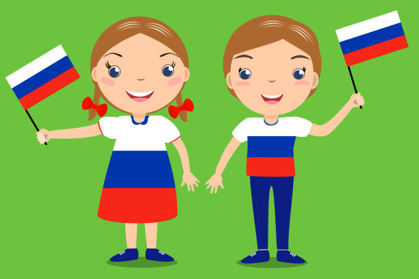 istock Smiling children, boy and girl, holding a Russian flag isolated on green background. Vector cartoon mascot. Holiday illustration to the Day of the country, Independence Day, Flag Day. 904265534