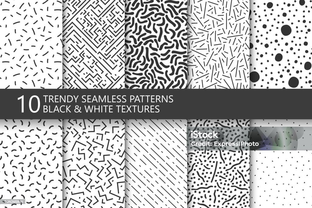 Collection of trendy seamless patterns. Retro fashion style 80-90s. Black and white mosaic textures. You can find seamless background in swatches panel. Collection of trendy seamless patterns. Retro fashion style 80-90s. Monochrome mosaic textures. You can find seamless background in swatches panel. Pattern stock vector