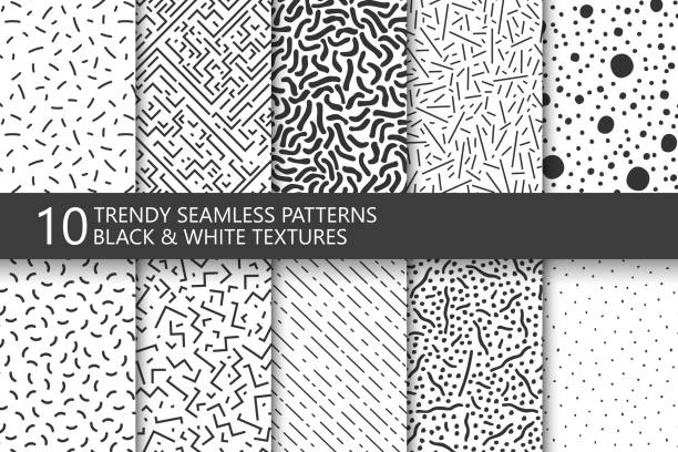 Collection of trendy seamless patterns. Retro fashion style 80-90s. Black and white mosaic textures. You can find seamless background in swatches panel. Collection of trendy seamless patterns. Retro fashion style 80-90s. Monochrome mosaic textures. You can find seamless background in swatches panel. hipster background stock illustrations