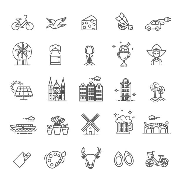 ilustraciones, imágenes clip art, dibujos animados e iconos de stock de conjunto de iconos planos de holanda - netherlands