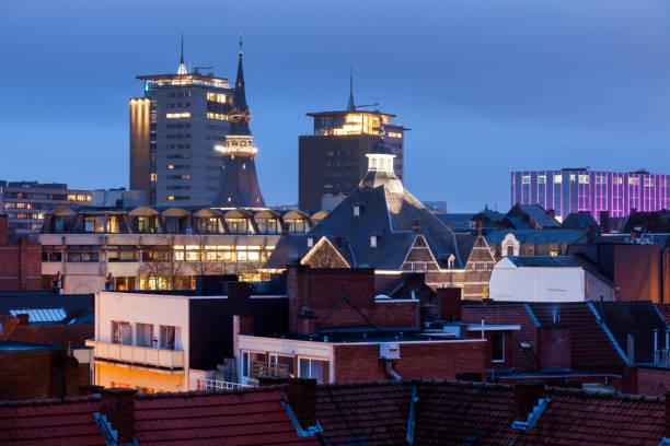 Panorama of Hasselt at night. Hasselt, Flemish Region, Belgium.