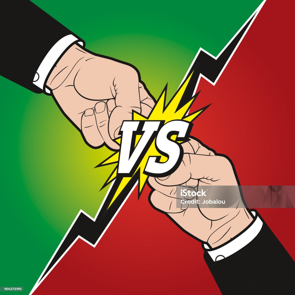 Versus Rivalry Fists Vector Illustration of two fists against each other with the background of two opposite colors green and red. Two Fists punching or clashing each other for battle and disagreement. Adversity stock vector