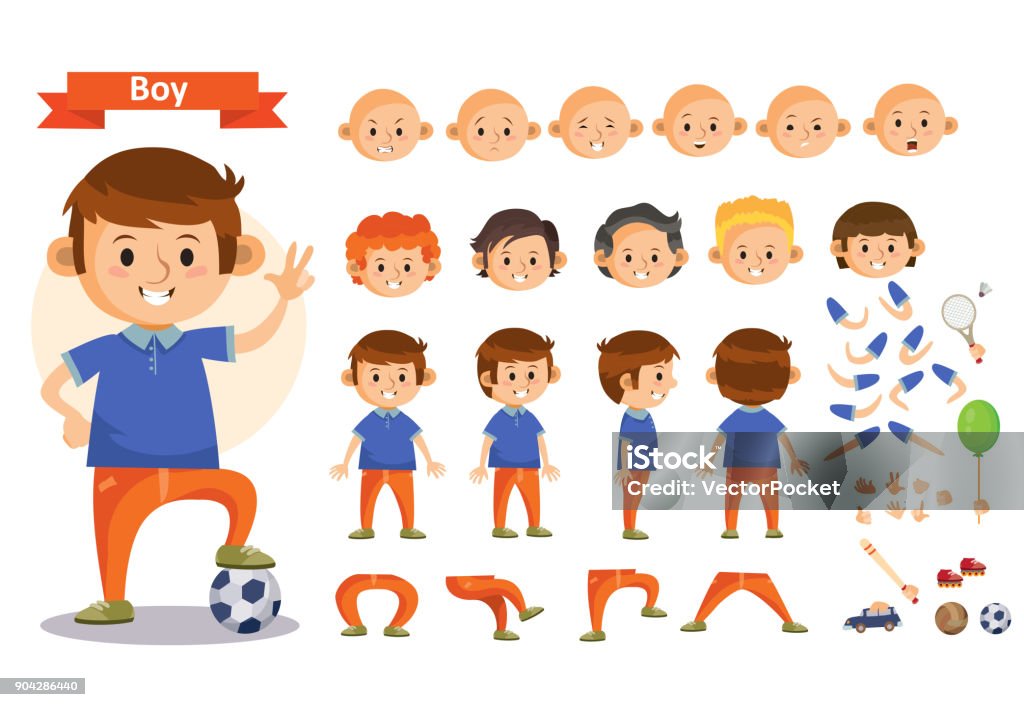Boy playing sports and toys vector cartoon kid character constructor isolated body parts icons Boy playing sport and toys cartoon character vector constructor isolated icons of body parts, hair and emotions or uniform garments and playthings. Construction set of young boy child playing soccer Characters stock vector