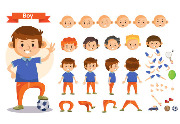 Boy playing sports and toys vector cartoon kid character constructor isolated body parts icons Boy playing sport and toys cartoon character vector constructor isolated icons of body parts, hair and emotions or uniform garments and playthings. Construction set of young boy child playing soccer boys soccer stock illustrations