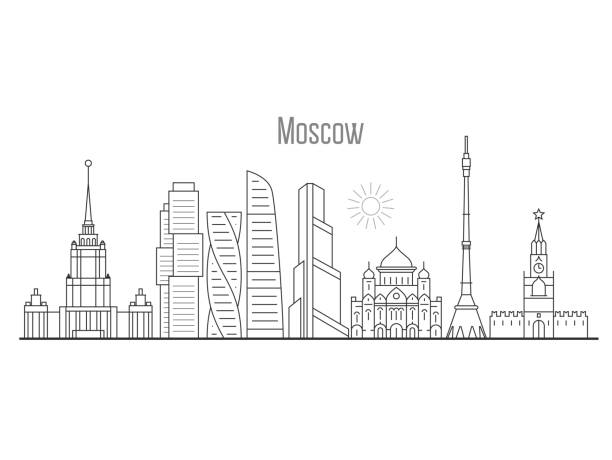 Moscow city skyline - towers and landmarks cityscape in liner style Moscow city skyline - towers and landmarks cityscape in liner style moscow stock illustrations