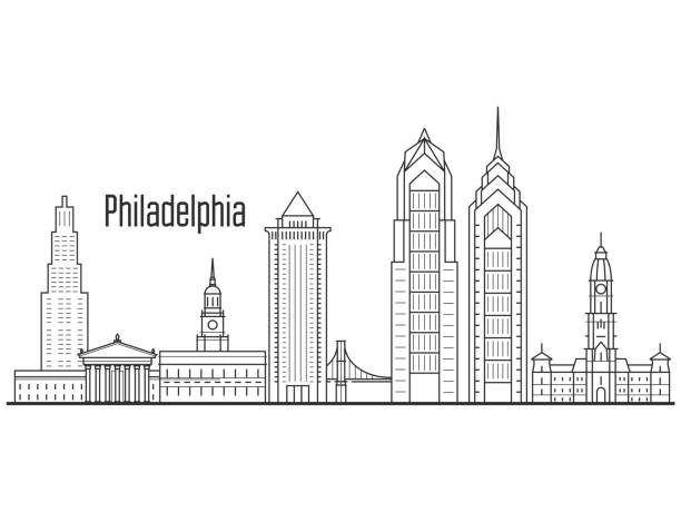 ilustraciones, imágenes clip art, dibujos animados e iconos de stock de horizonte de la ciudad de philadelphia - centro ciudad, torres y monumentos en estilo de línea - philadelphia