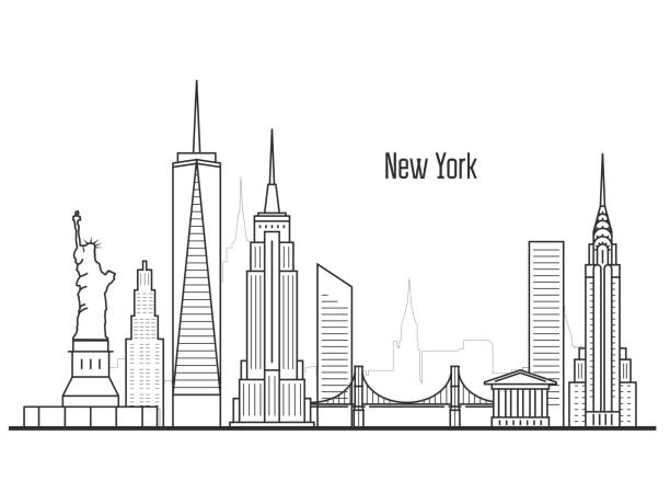 ilustraciones, imágenes clip art, dibujos animados e iconos de stock de ciudad de nueva york skyline - paisaje urbano manhatten, torres y monumentos en estilo de línea - new york