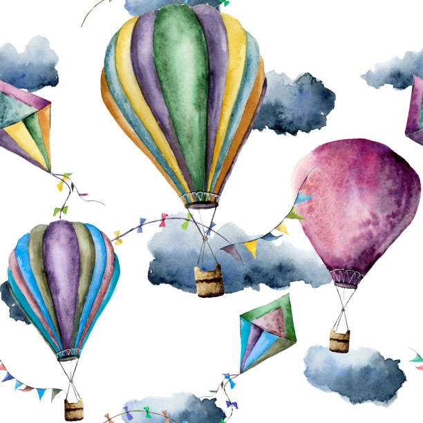 istock Watercolor pattern with hot air balloons and kites. Hand drawn vintage kite, air balloons with flags garlands, clouds and retro design. Illustrations isolated on white background 904289768
