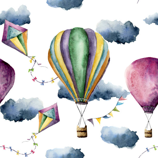 istock Watercolor pattern with hot air balloon and kite. Hand drawn vintage kite, air balloons with flags garlands, clouds and retro design. Illustrations isolated on white background 904289968