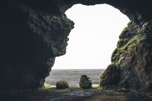 View from the cave called Gýgagjá on the south-side of Hjörleifshöfði (Iceland).