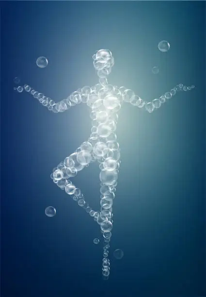 Vector illustration of weightless feeling, light feeling with yoga, woman silhouette in tree position build with bubbles,