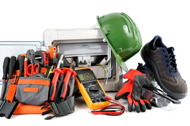 Photo of Close-up of work equipment on electrical installations, on a white background.