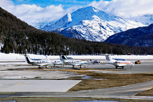 Private jets and planes in the airport of St Moritz Switzerland