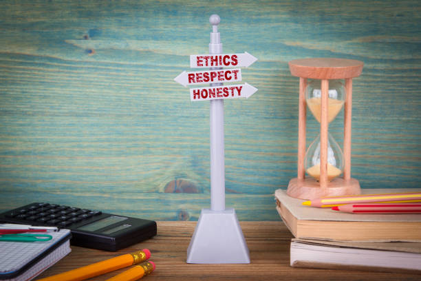 ethics respect honesty, code of conduct. Signpost on wooden table ethics respect honesty, code of conduct. Signpost on wooden table code of ethics stock pictures, royalty-free photos & images