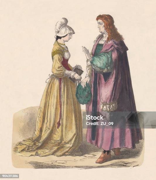 German Scholar And Citizen Woman Early 16th Century Published C1880 Stock Illustration - Download Image Now