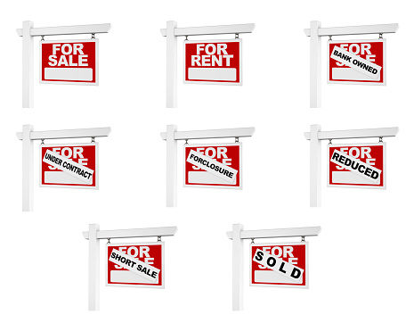 Large real estate for sale sign variety / variation pack.  Large group of real estate signs with for sale, for rent, bank owned, under contract, foreclosure, reduced, short sale, and sold on a white background.
