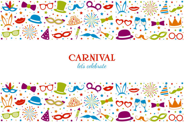 ilustrações de stock, clip art, desenhos animados e ícones de banner with funny masks for carnival party. vector. - costume mustache child disguise