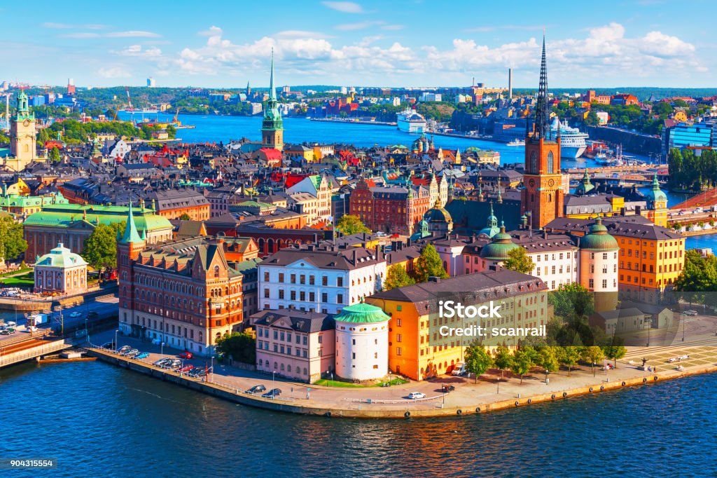 Aerial panorama of Stockholm, Sweden Scenic summer aerial panorama of the Old Town (Gamla Stan) pier architecture in Stockholm, Sweden Stockholm Stock Photo