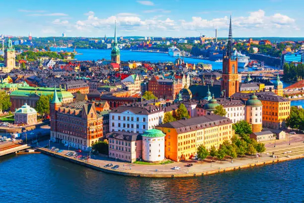 Scenic summer aerial panorama of the Old Town (Gamla Stan) pier architecture in Stockholm, Sweden