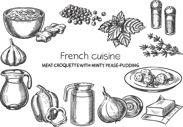 ilustraciones, imágenes clip art, dibujos animados e iconos de stock de cocina francesa. - croquetas