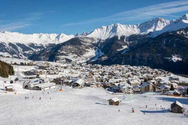 View on the village Fiss in the ski resort Serfaus Fiss Ladis in Austria with snowy mountains and blue sky