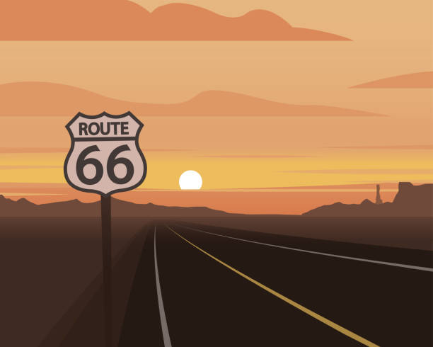 ilustraciones, imágenes clip art, dibujos animados e iconos de stock de ruta 66 y escena puesta de sol - two lane highway illustrations