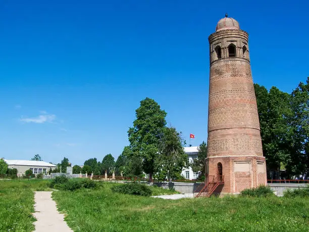 An ancient minaret in the town of Uzgen (or Ozgon) in the Osh region of Kyrgyzstan.