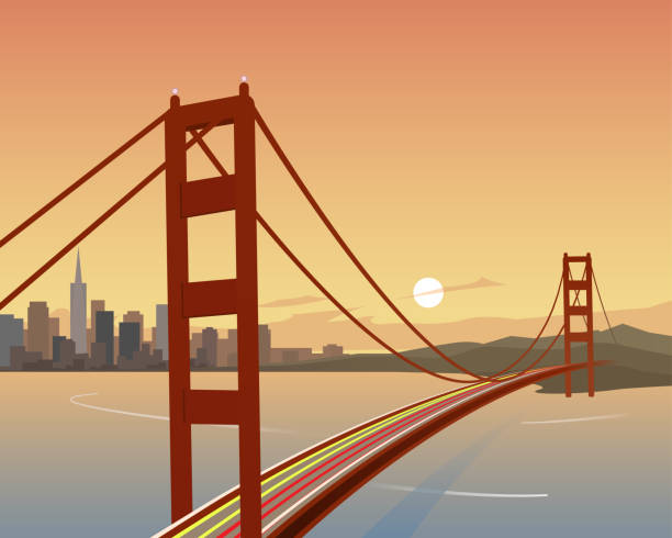 illustrazioni stock, clip art, cartoni animati e icone di tendenza di scena di san francisco e golden gate bridge - golden gate bridge illustrations