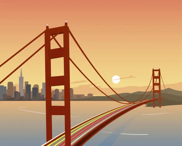 Vector illustration of San Francisco and Golden Gate Bridge Scene