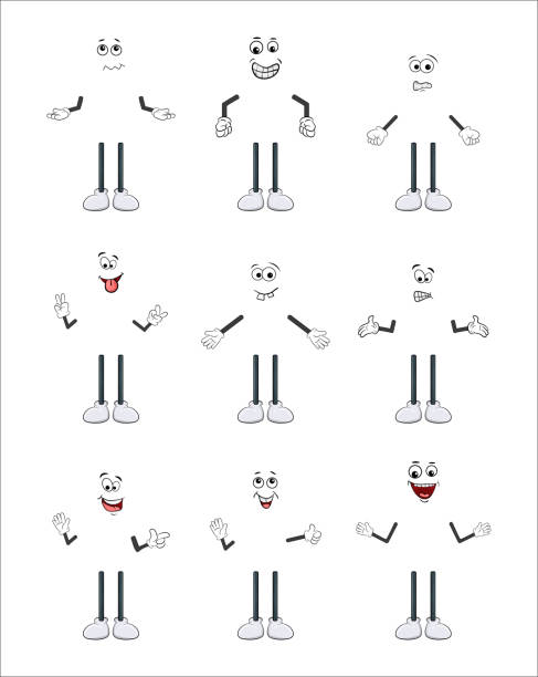 만화 캐릭터 팔, 다리와 얼굴 세트 흰색 배경에 고립 - human limb stock illustrations