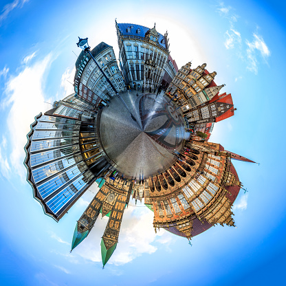Tiny planet with Skyline of Bremen main market square in the centre of the Hanseatic City, Germany. 360 degree panoramic montage from 27 images