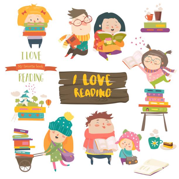 illustrazioni stock, clip art, cartoni animati e icone di tendenza di set di cartoni animati bambini che leggono libri - child book reading offspring