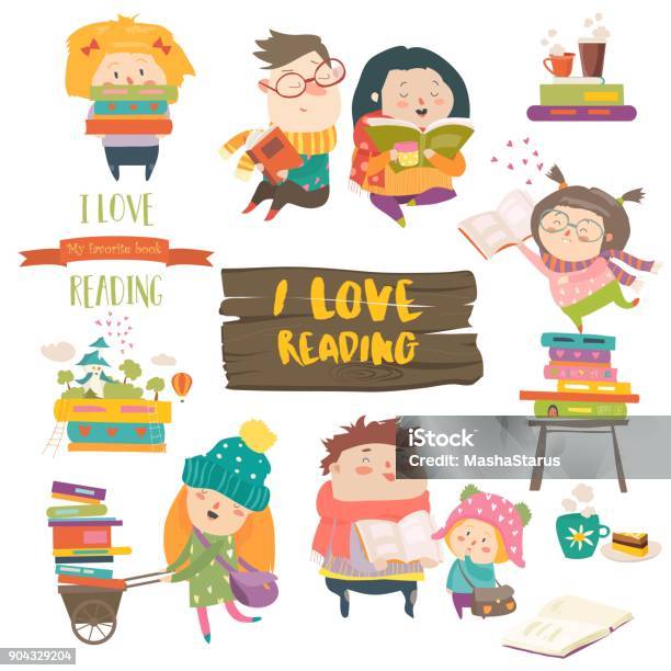 Set Of Cartoon Children Reading Books Stock Illustration - Download Image Now - Book, Reading, Child