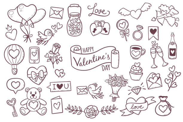 niedlichen valentine tag doodle elemente - bird love decoration flower stock-grafiken, -clipart, -cartoons und -symbole