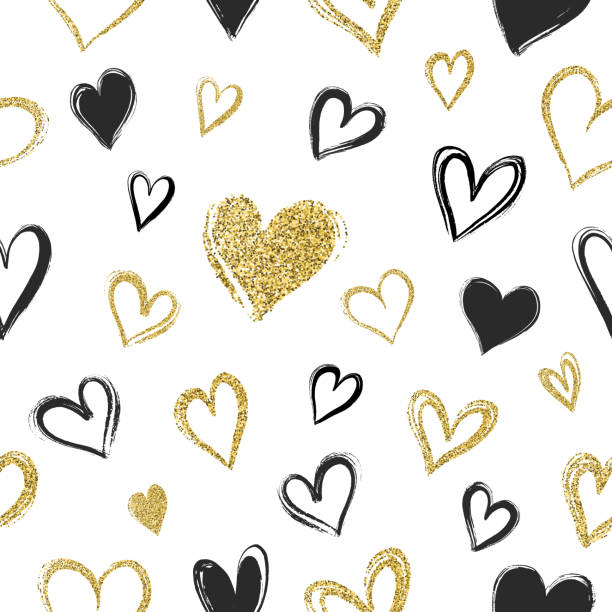 ilustraciones, imágenes clip art, dibujos animados e iconos de stock de patrón sin fisuras con mano dibuja corazones y purpurina oro. - valentines day heart shape gold red