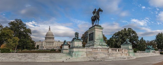 The Ulysses S. Grant Memorial on the U.S. Capitol Grounds at Union Square Reflecting Pool in Washington, DC. The Grant memorial of brass and marble was created by sculptor Henry Merwin Shrady and architect Edward Pearce Casey and dedicated in 1922. General Grant was the Commander of the Union Armies during the Civil War.