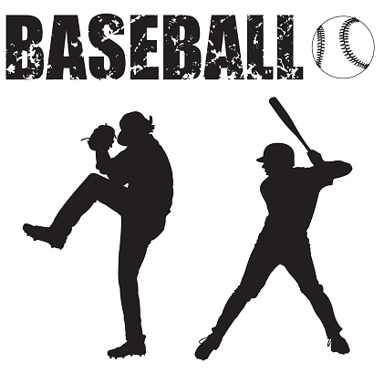 Black and white Silhouette illustrations of a baseball pitcher, batter, ball and the word 