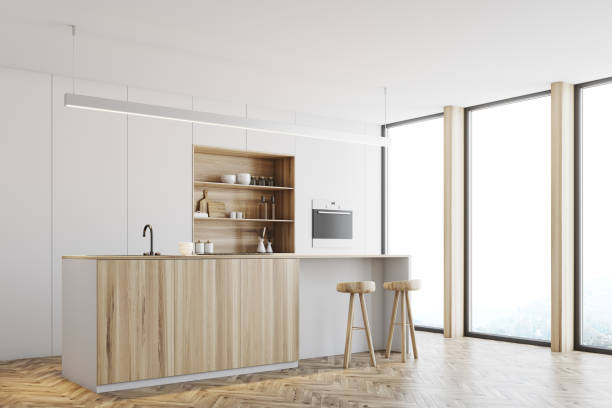 istock White kitchen, wooden bar stand side 904343492