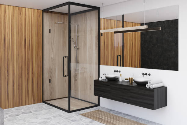 istock Wooden bathroom corner, shower, sink 904343622