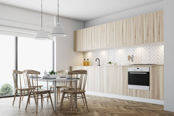 istock Wooden dining room corner, wooden chairs 904343850