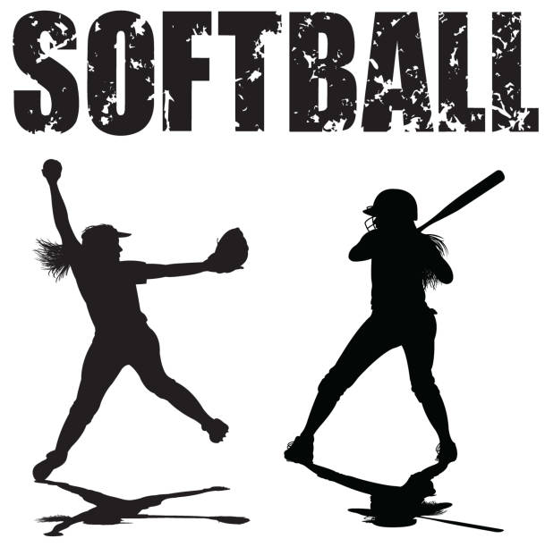 Girls Softball Pitcher and Batter with Typescript Black and white illustrations of Girls Softball Pitcher, Batter and the word "Softball". softball stock illustrations
