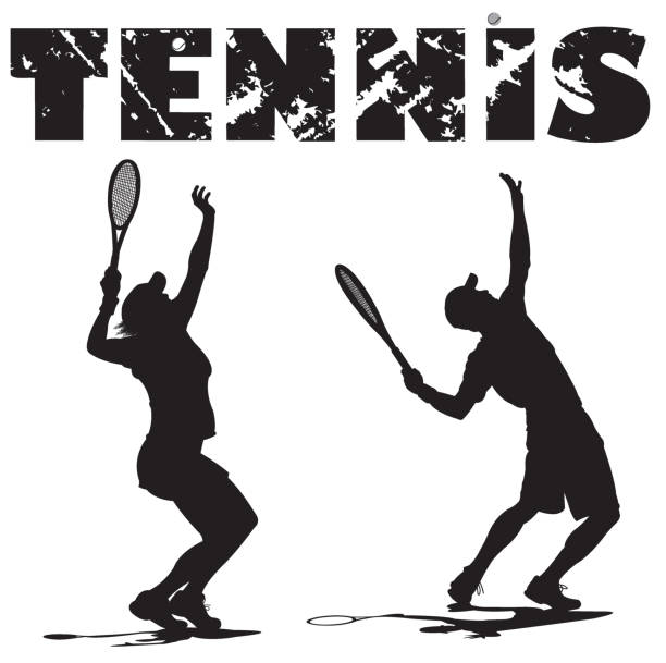 ilustraciones, imágenes clip art, dibujos animados e iconos de stock de jugadores de tenis que sirve bola con mecanografiado - tennis silhouette vector ball
