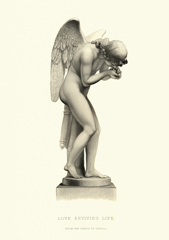 Vintage engraving of Love Reviving Life, Statue by Giuliano Finelli. Cupid gives life back to a butterfly with a kiss