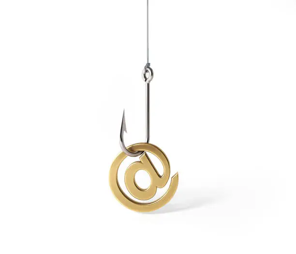 E-mail symbol hooked by a fishing hook on white background. Horizontal composition with copy space. Clipping path is included.