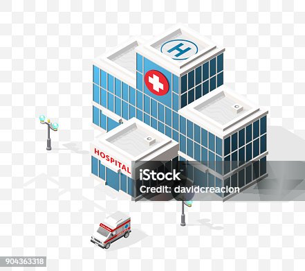 istock Isometric High Quality City Element with 45 Degrees Shadows on Transparent Background . Hospital 904363318
