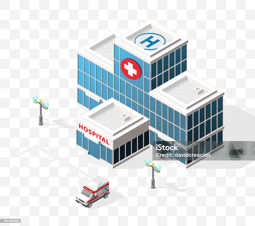 Isometric High Quality City Element with 45 Degrees Shadows on Transparent Background . Hospital Isolated Vector Elements Hospital stock vector